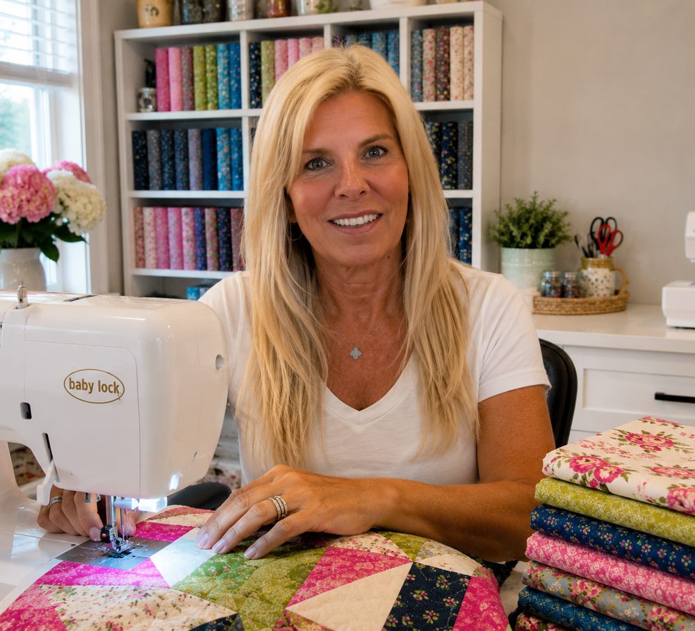 Jenny, owner of The Sew Happy Studio, at her Baby Lock machine with a pieced quilt